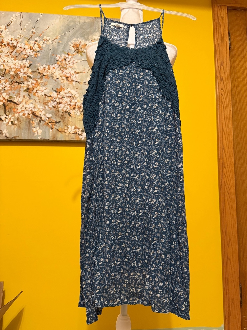 Maurices Navy Floral Midi Dress with Crochet Detail